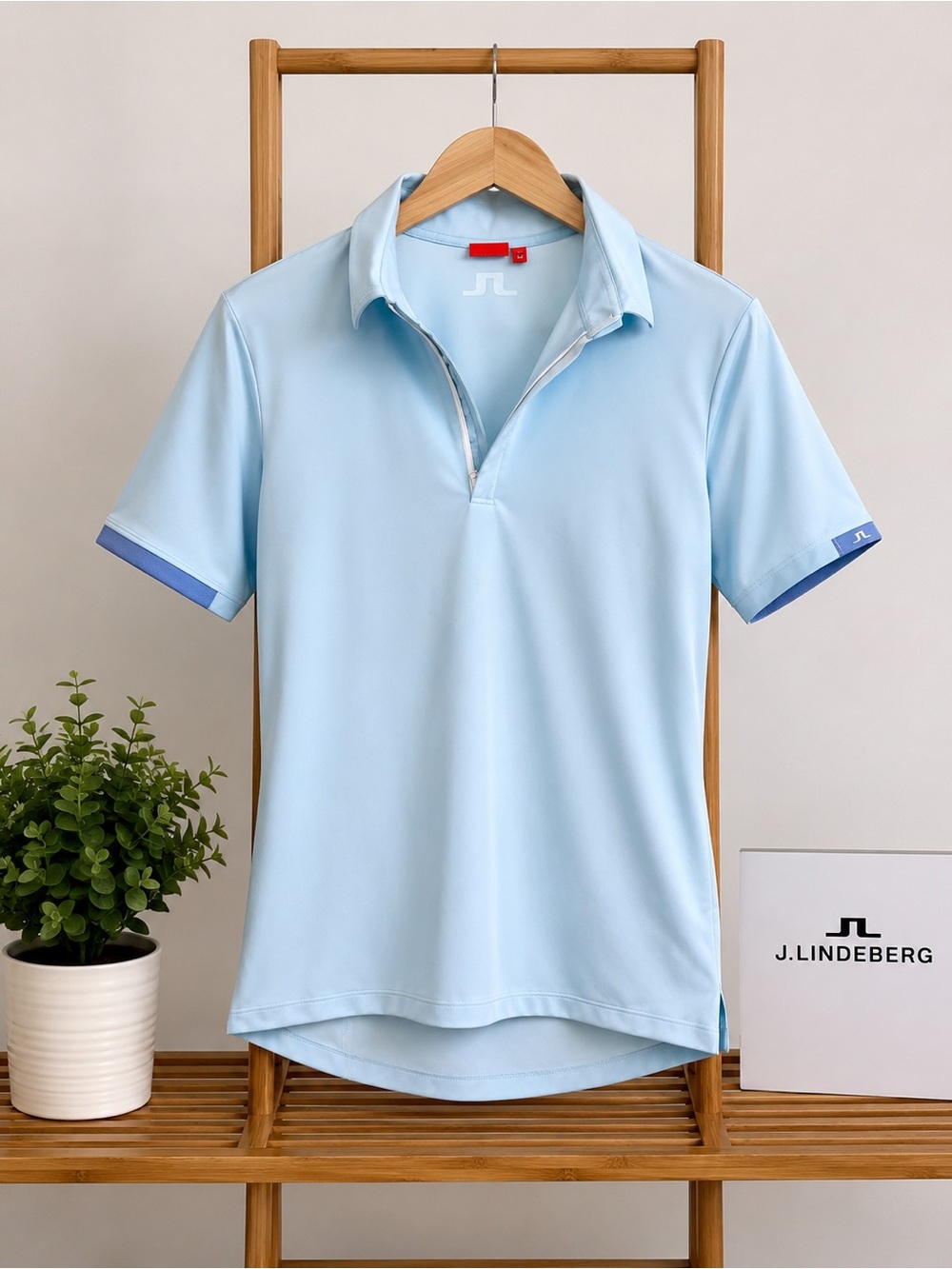 J.Lindeberg Men’s Sky Blue Polo with Navy Trim